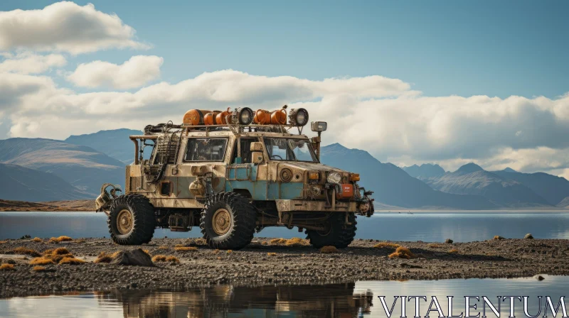 Vintage Offroad Vehicle Parked Near Alpine Lake | Post-Apocalyptic Dutch Marine Scenes AI Image