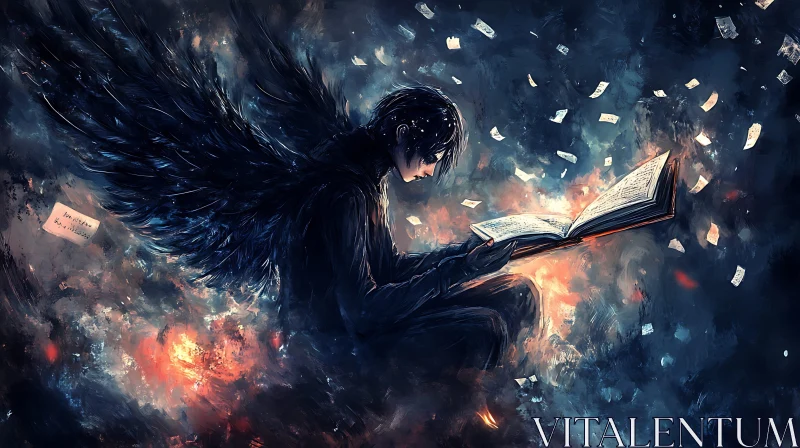 Melancholic Angel with Book and Wings AI Image