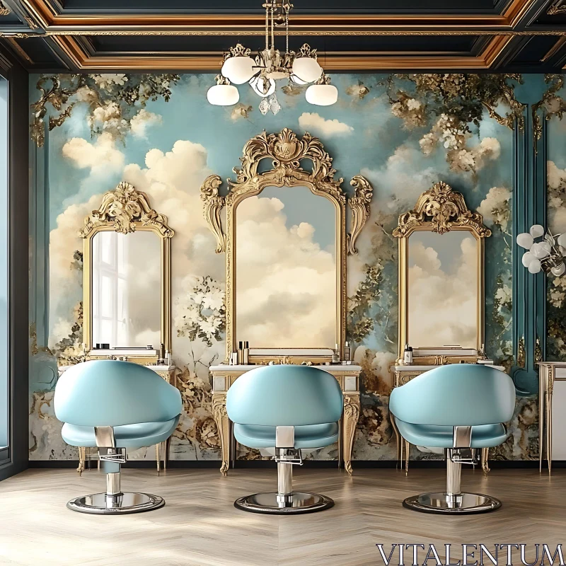 AI ART Elegant Blue and Gold Salon with Vintage Decor