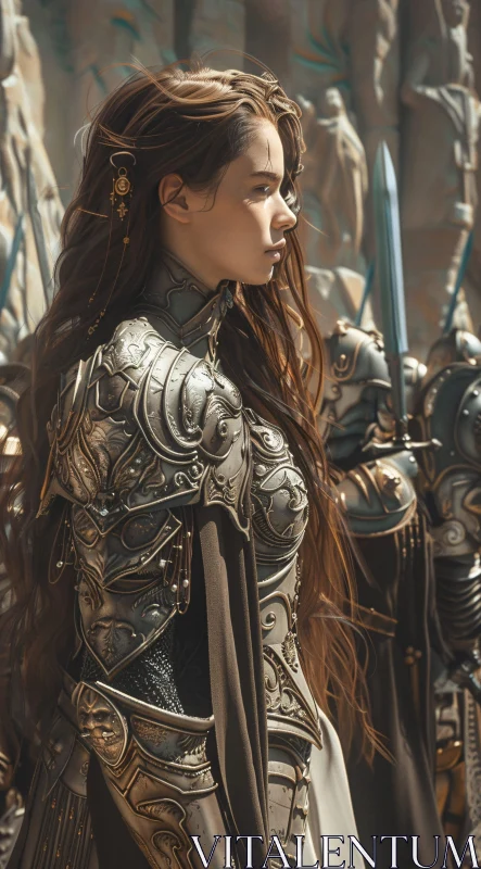 Female Warrior in Ornate Metal Armor AI Image