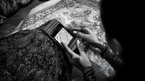 Monochrome Henna Art and Jewelry Detail