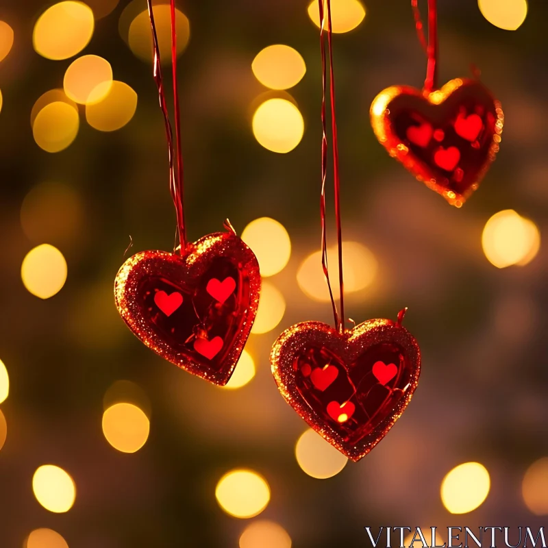 Red Heart Ornaments with Bokeh Background AI Image