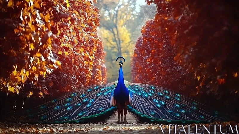 Peacock Display in Autumnal Scene AI Image