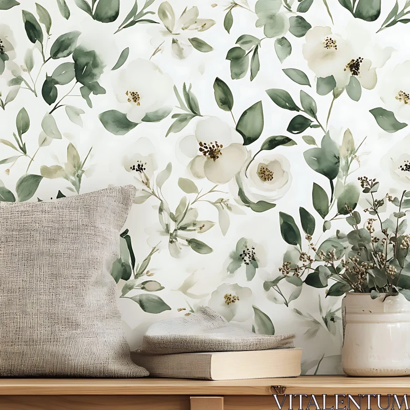 Floral Wallpaper with Cozy Home Decor AI Image