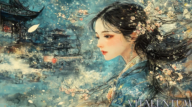 Serene Woman in Asian Landscape Painting AI Image