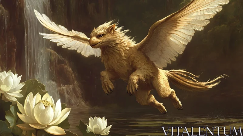 Majestic Griffin in Flight Near Water Lilies AI Image