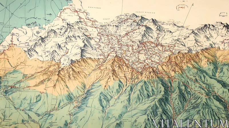 Antique Mountain Range Topographic Map AI Image