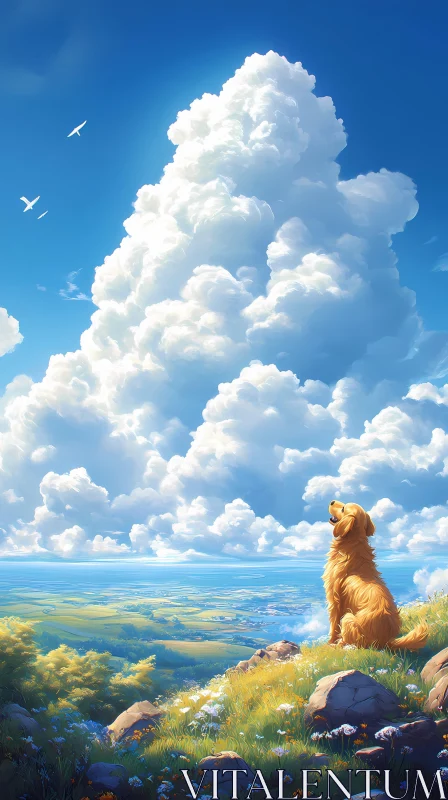 Golden Retriever on Hilltop Watching the Skies AI Image