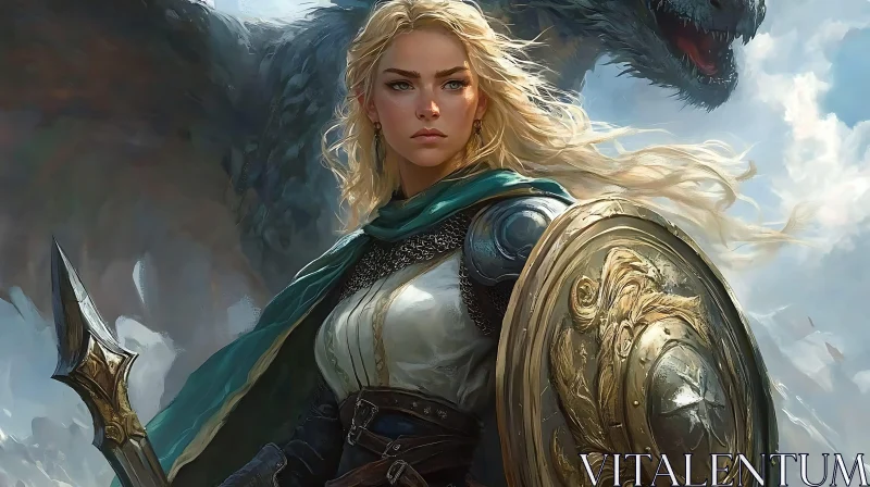 AI ART Blonde Warrior with Dragon Companion