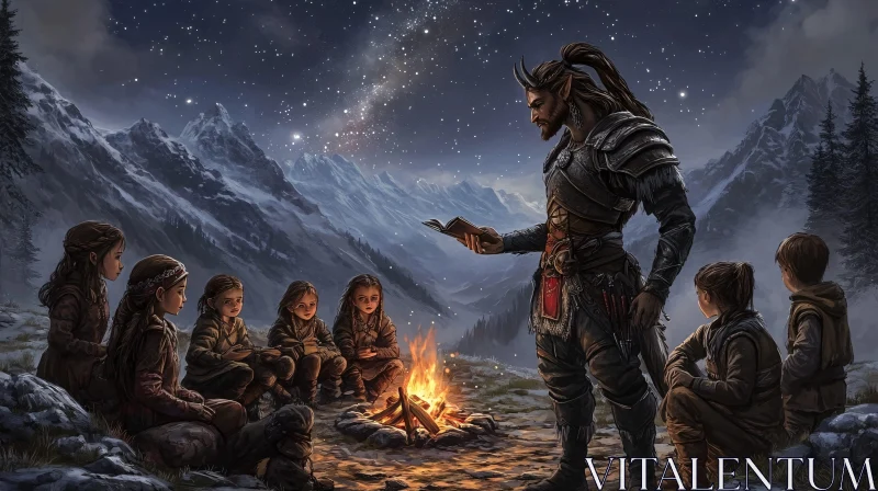 AI ART Campfire Stories in the Winter Mountains