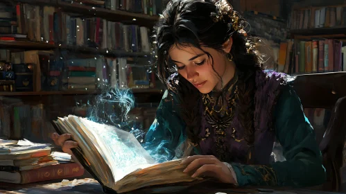 Library Luminescence: Woman Reading Magic Book