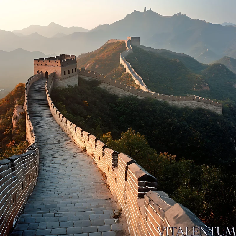 Serene View of Great Wall in Mountains AI Image