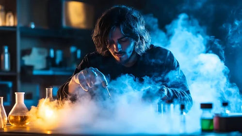 Scientist Engaged in Smoky Lab Experiment