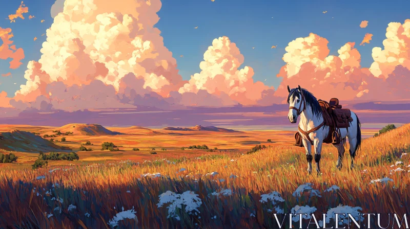 Tranquil Equine Landscape at Dusk AI Image