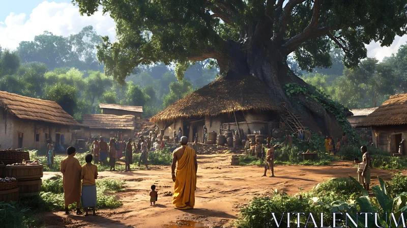 AI ART Village Scene with Monk and Giant Tree