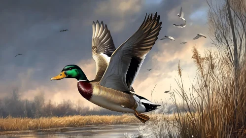 Flying Mallard Duck Over River Scene