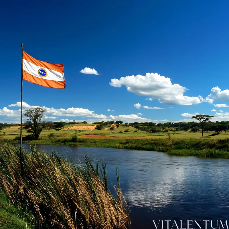 Scenic River and Flag View AI Image