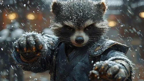 Snowy Raccoon Ready to Fight