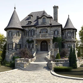 Elegant Stone Mansion with Grand Staircase in Medieval Style