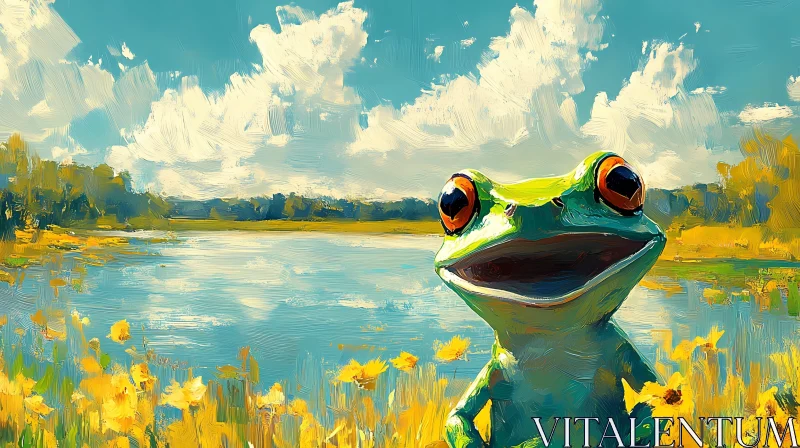 Frog Among Flowers and Lake Scene AI Image