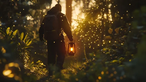 Man with lantern in mysterious forest