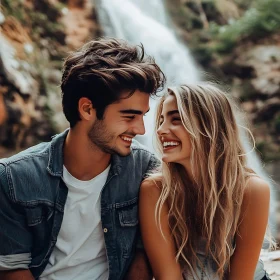 Couple's Joyful Moment by the Waterfall