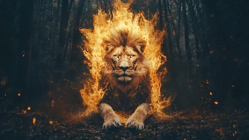 Burning Lion in Dark Woods