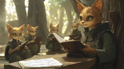 Anthropomorphic Cats Reading in Woodland