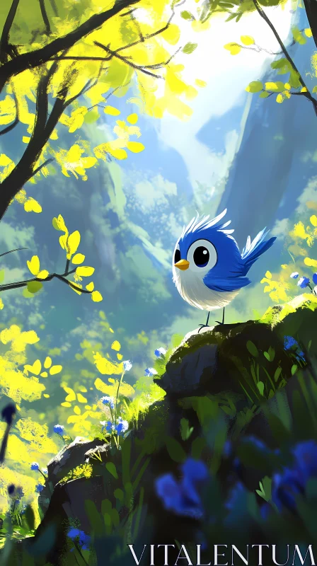 Cute Blue Bird Among Sunlit Foliage AI Image