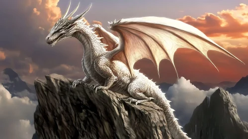 Fantasy White Dragon on Mountain Top