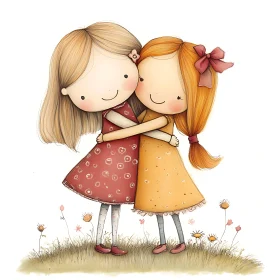 Two Cartoon Girls Hugging in Field