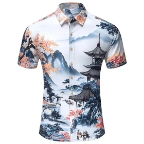 Asian-Inspired Scenic Landscape Button-Up Shirt