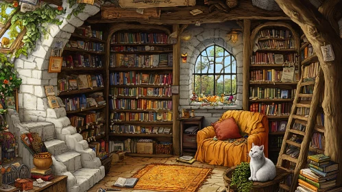 Serene Cat in Cozy Literary Retreat