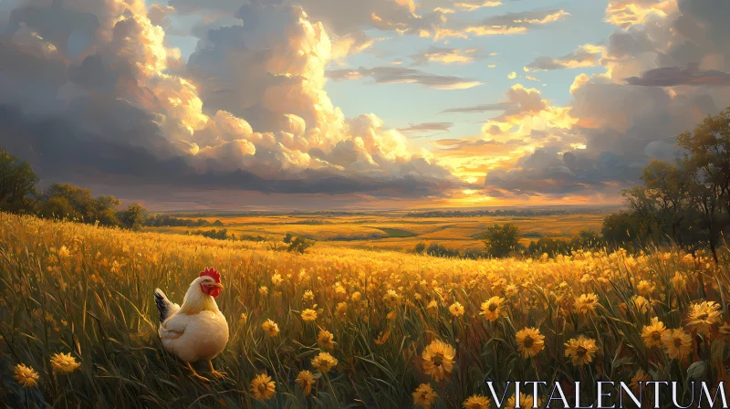 AI ART Sunset Over Flowered Field with Chicken