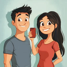 Smiling Couple Cartoon Selfie