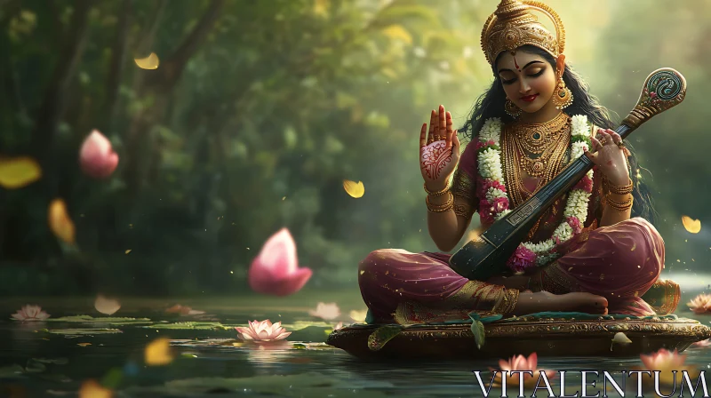 Saraswati on Water Lilies, Divine Music AI Image