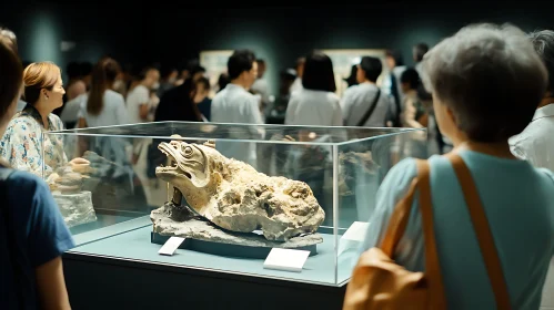 Museum Visitors Observe Ancient Sculpture Art