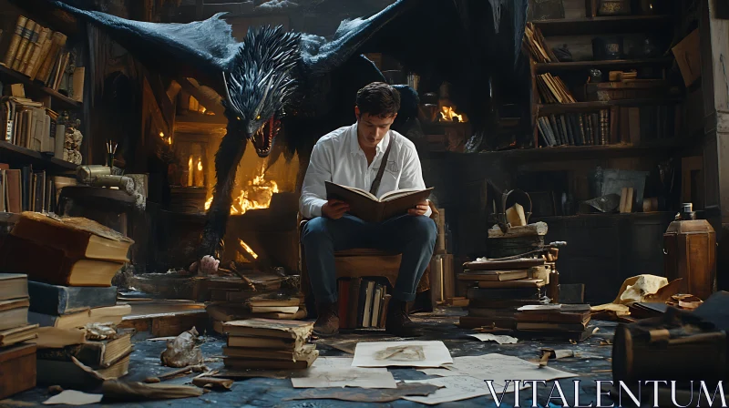 AI ART Man Reading with Dragon in Library