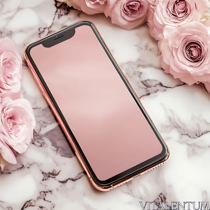 Elegant Rose Gold Smartphone and Pink Roses AI Image