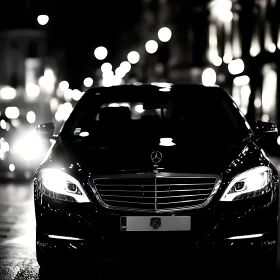 Luxury Car Illuminated by City Lights at Night