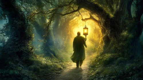 Man with Lantern in Forest