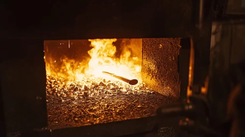 Forging Metal Rod in Fiery Industrial Furnace