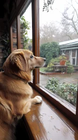 Dog Looking at Rainy Garden