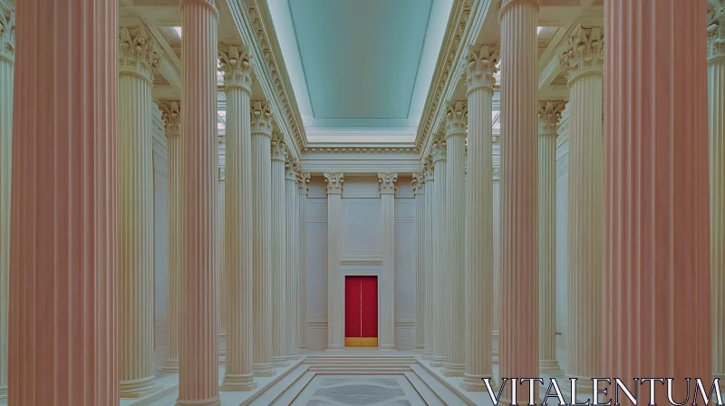 Symmetrical Columns Leading to Red Door AI Image