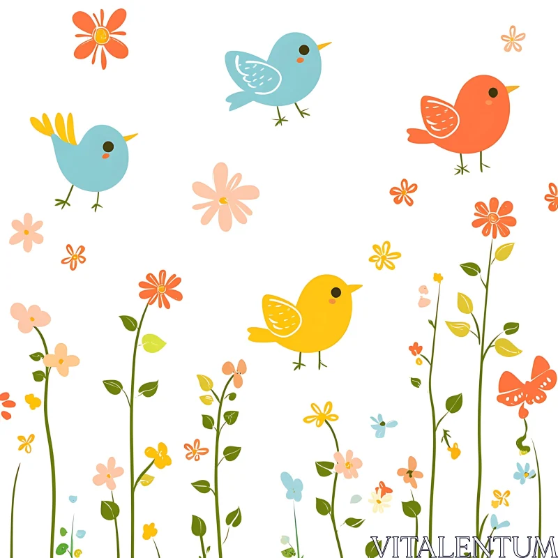 Colorful Birds and Floral Design AI Image