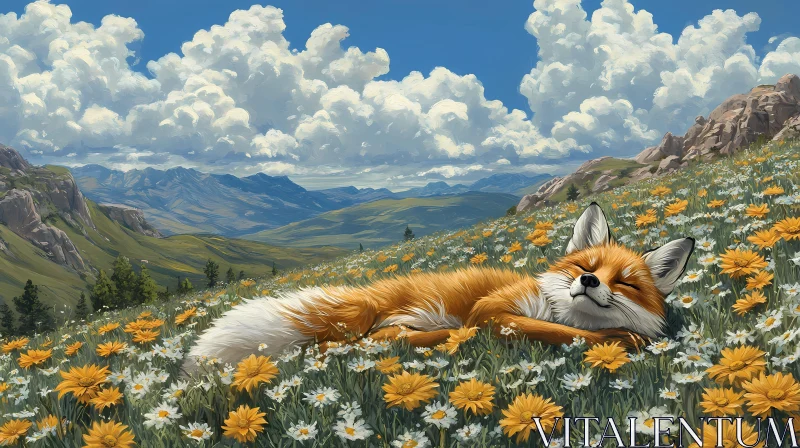 Peaceful Fox Amidst Flowers AI Image