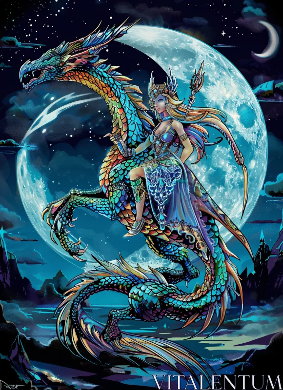 AI ART Fantasy Art of Dragon Rider and Moon