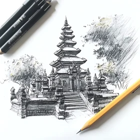 Graphite Drawing of Tiered Asian Building