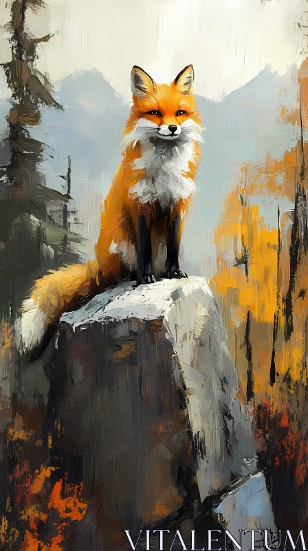 Autumn Fox on Stone Canvas AI Image