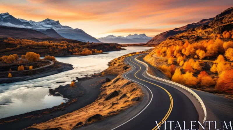 Autumn Adventure: Contrast of Light and Dark Along a Winding Road AI Image
